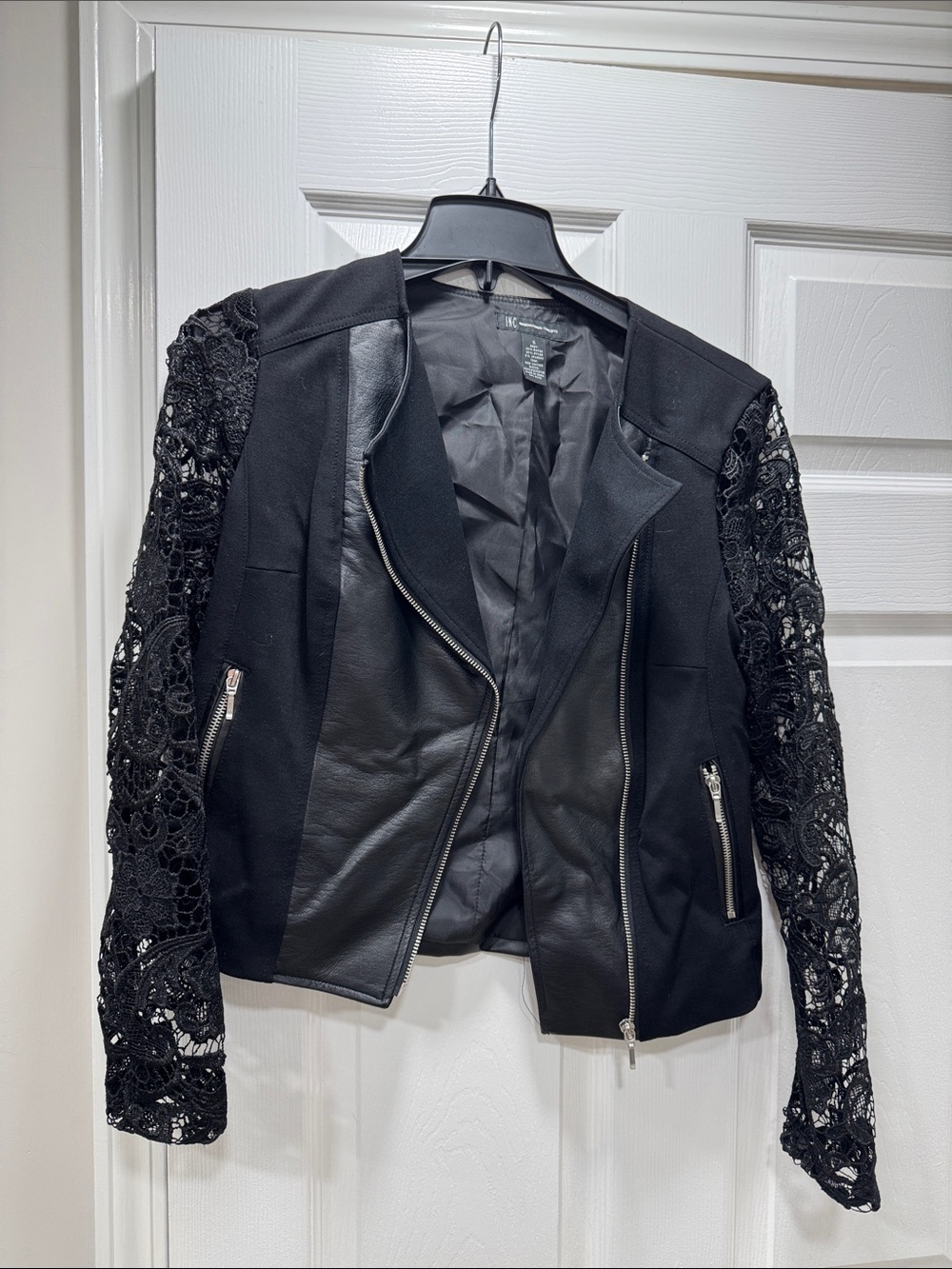 INC MACYS Women’s Black Lace Sleeve Moto Jacket